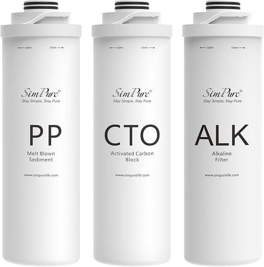 SimPure T1 Series 6-Month Replacement Filter Cartridge Pack Set for Model T1-100ALK, T1-400ALK (1*PP + 1*CTO + 1*ALK)