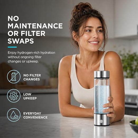 ElysVita Hydrogen Water Bottle — SPE Electrolysis Technology, BPA-Free Borosilicate Glass, 14 oz | Antioxidant Rich, Micro-Plastic Free Hydrogen Generator Bottle with USB Charging