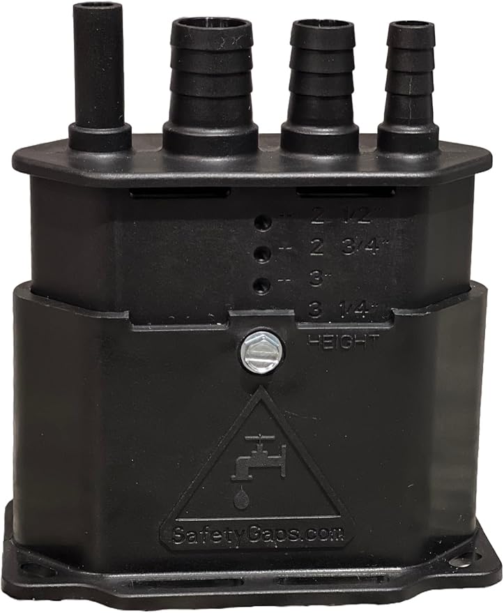 Water Softener Air Gap with 3/8", 1/2" and 5/8" Hose Inlet Ports with Adjustable Height for Floor Drain Cover (Safety Gaps Model Number: DC-225-400 Black)
