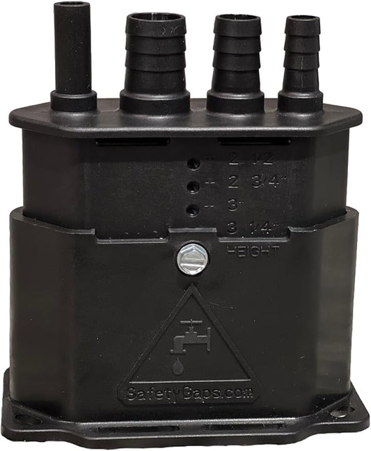 Water Softener Air Gap with 3/8", 1/2" and 5/8" Hose Inlet Ports with Adjustable Height for Floor Drain Cover (Safety Gaps Model Number: DC-225-400 Black)