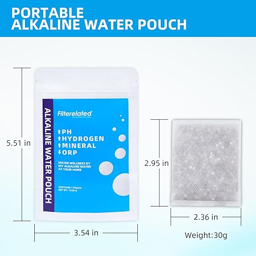 Filterelated Alkaline Water Filter Pouch 30g, Raise pH to 9+, BPA-Free SGS Tested, Portable Water Filter for Home, Camping, Travel, Office, Long-Lasting 105 litres / 28 Gallons(3-Pack)