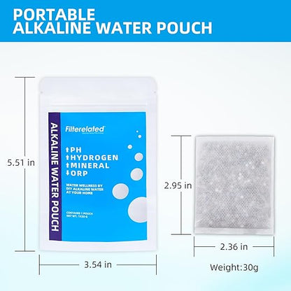 Filterelated Alkaline Water Filter Pouch 30g, Raise pH to 9+, BPA-Free SGS Tested, Portable Water Filter for Home, Camping, Travel, Office, Long-Lasting 105 litres / 28 Gallons(3-Pack)