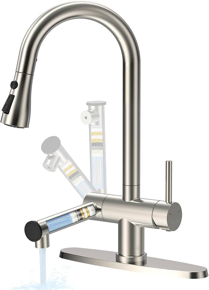 FEELSO Kitchen Faucets with Filtered, Stainless Steel Filter Kitchen Faucet with Pull Down Sprayer Reduces Lead, Chlorine, Bad Taste & Odor,High Arc Kitchen Sink Faucet 1 or 3 Hole for Farmhouse