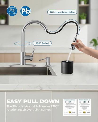 WEWE Kitchen Faucet with Soap Dispenser and Pull Down Sprayer, RV Single Handle Classic 3 Modes Stainless Steel Faucet for Kitchen Sink, RV, Stainless Steel