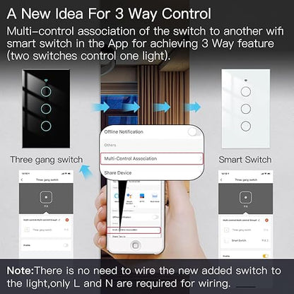 MOES 2.4GHz WiFi Wall Touch Smart Switch Neutral Wire Required, 3 Way Multi-Control, Glass Panel Light Switch Work with Smart Life/Tuya App, RF433 Remote Control, Alexa and Google Home Black 3 Gang