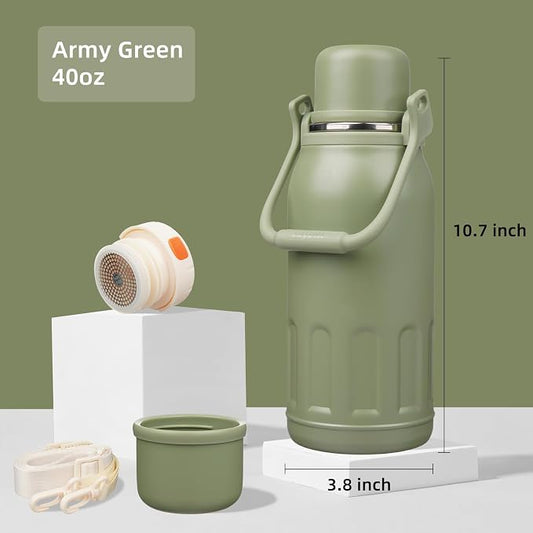 Konokyo Insulated Water Bottle with Handle and Strap,Vacuum Travel Tumbler with Cup Lid,Thermo Coffee Cup for Hot Cold Drinks 40 OZ,Army Green