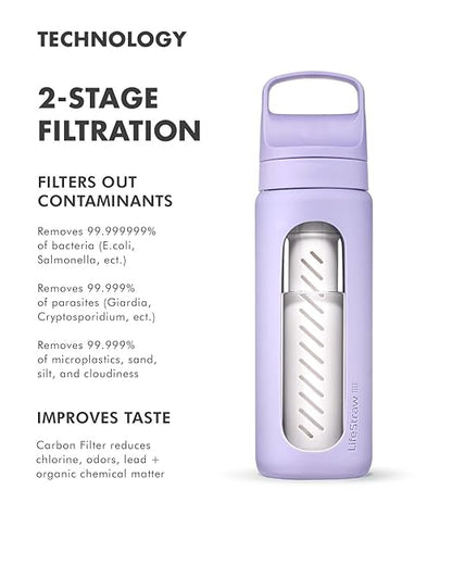 LifeStraw Go — Glass Water Filter Bottle Made from Hand-Blown Glass with Silicone Sleeve for Hydration at Home or on-the-go, 20 oz, Provence Purple