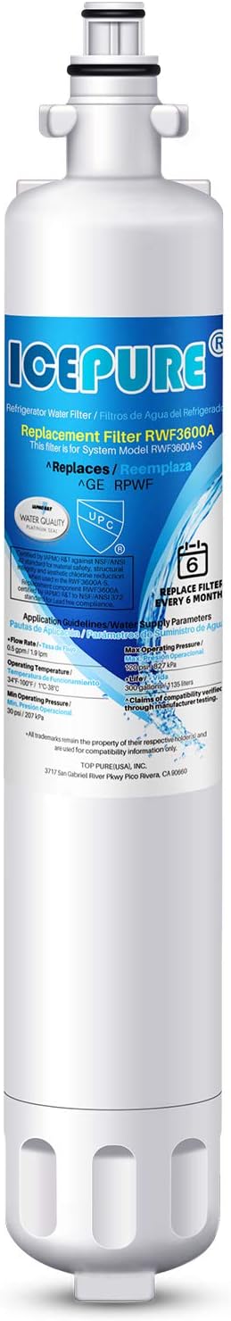 ICEPURE RPWF Refrigerator Water Filter Replacement For GE RPWF（𝐍𝐎𝐓 𝐑𝐏𝐖𝐅𝐄）, WATER SENTINEl WSG-4, RWF3600A, 1PACK