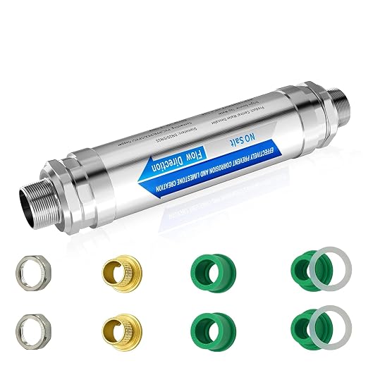 Salt-Free Water Softener, Water Descaler Whole House System, Physical Scale Inhibitor for Hard Water, Preserves Minerals, 3/4" NPT Inline Filter for Pipes, Heaters & Appliances