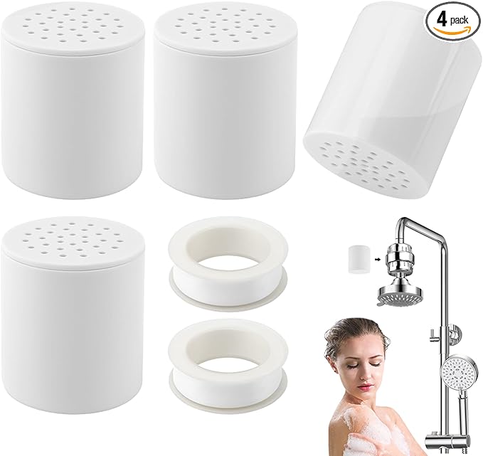 4 Pack 20 Stage Shower Head Filter Universal Replacement Cartridge with Sealing Tapes for Water Soften, Remove Heavy Metals, Iron, Other Sediments