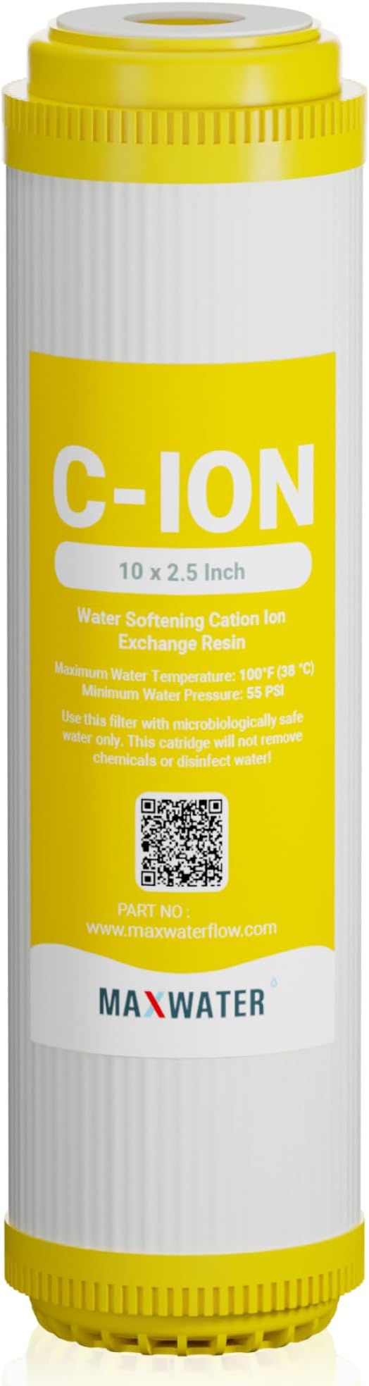 Max Water 10" x 2.5" Cation Resin Water Softener Cartridge, Compatible with AF-10-3003, WS-10, UDF-10C100E, 155319-43 & All 10 Inch Standard Whole House Water Filter Systems (1 Pack)