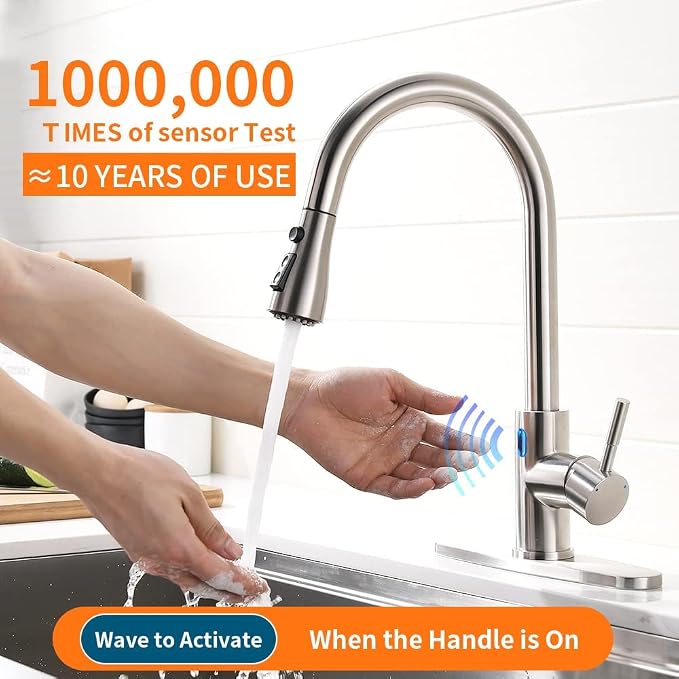 Touchless Kitchen Faucet with Pull Down Sprayer for Kitchen Sink, Single Handle Motion Sensor Faucet with LED Light and Dual-Function Spray, Hands-Free Brushed Nickel Stainless Steel