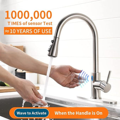 Touchless Kitchen Faucet with Pull Down Sprayer for Kitchen Sink, Single Handle Motion Sensor Faucet with LED Light and Dual-Function Spray, Hands-Free Brushed Nickel Stainless Steel