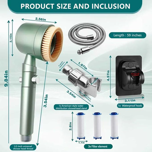 2026Version Turbocharged High Pressure Filtered Shower Head with Handheld & Outlet Soft Brush - 6 Spray Modes, 5-Stage Filtration System, 59" Hose - Chlorine & Hard Water Filter (3 filter cartridges)