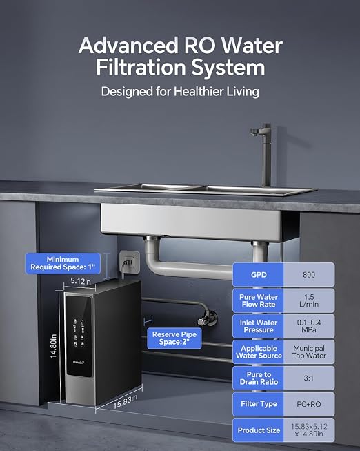 Ranein Under Sink Reverse Osmosis Water Filter System, 0.55 GPM High Flow 800GPD Tankless RO System, 3:1 Pure to Drain, 4000L High Capacity Water Filter, 95% TDS Reduction, Quiet Pump V800