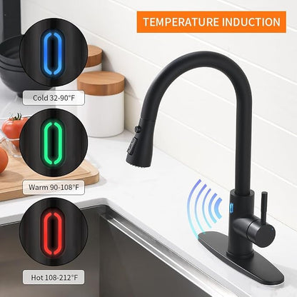 Touchless Kitchen Faucet with Pull Down Sprayer for Kitchen Sink, Single Handle Motion Sensor Faucet with LED Light and Dual-Function Spray, Hands-Free Matte Black
