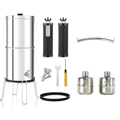 2.25G Ultra-Filtration Gravity Water Filter System, 304 Stainless Steel Countertop System with 2 Filters, Metal Faucet, Handle & 2 Leak-Proof Valves, NSF/ANSI 42 Certified, Removes 99% of Chlorine