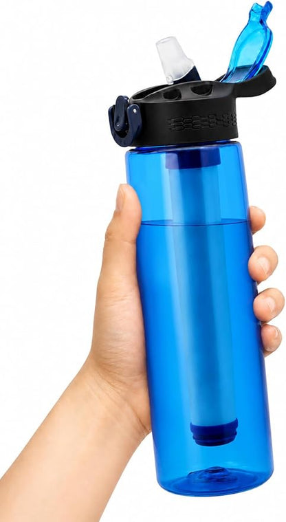 22oz Water Filter Bottle, Portable Outdoor Filtered Water Bottle with Multi-Layer Filtration, Improves Taste & Reduces Odor, BPA-Free Reusable Bottle for Hiking, Camping & Travel (Blue)