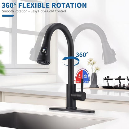 HOMELODY LED Temperature Display Black Kitchen Faucet with Pull Down Sprayer - Matte Black Single Handle Kitchen Sink Faucet, High Arc 304 Stainless Steel Design for RV Laundry Farmhouse Bar
