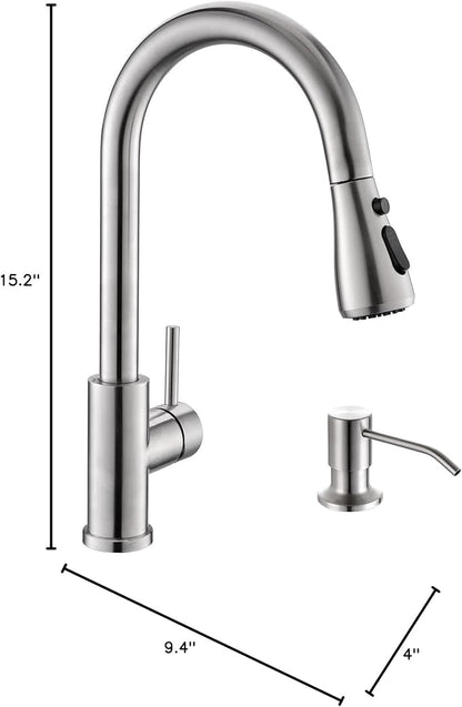 Kicimpro Kitchen Sink Faucet with Soap Dispenser, 3 Modes Kitchen Faucet with Pull Down Sprayer and Soap Dispenser, 304 Stainless Brushed Nickel Single Handle Kitchen Bar Faucets with Water Lines