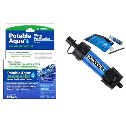 Potable Aqua Water Purification Tablets + Sawyer MINI Water Filtration System