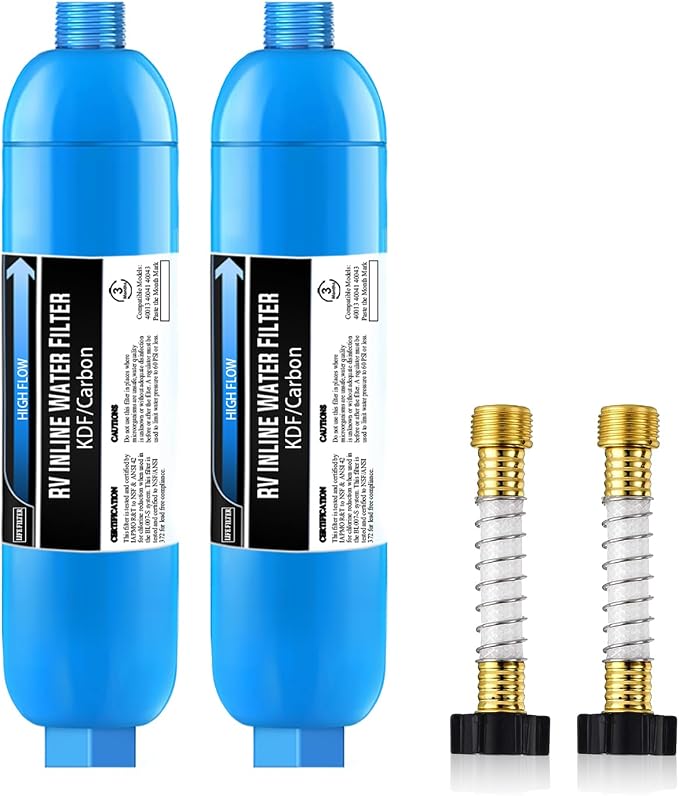 Lifefilter RV/Marine Water Filter with 2 Flexible Hose Protectors | Reduces Chlorine, Bad Taste, Odor in Drinking Water, Dedicated for RVs Campers Marines, 2 Pack