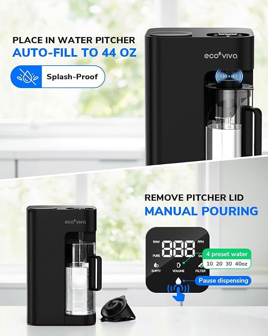 Ecoviva Mate 3 UV Countertop Reverse Osmosis Water Filter with 2 Auto-Fill Pitchers, 9-Stage RO Filtration System, Installation-Free, Reduces TDS, 3:1 Pure-to-Drain Ratio, Home & Kitchen, Black