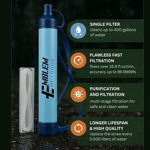 Portable Water Filter Straw, 4 Survival Water Straws to Purify Water When Camping, Hiking, Emergency & Disaster – 0.1 Micron Personal Water Filter | BPA-Free Hollow Fiber Emergency Water Filtration