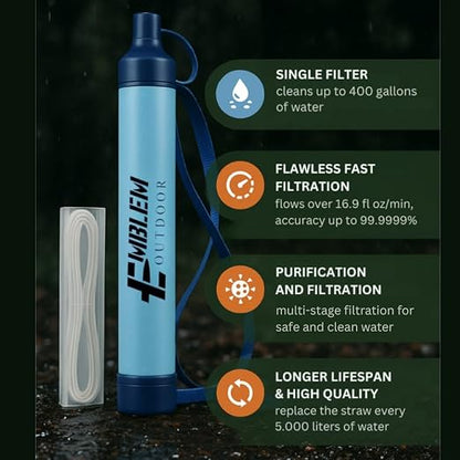 Portable Water Filter Straw, 4 Survival Water Straws to Purify Water When Camping, Hiking, Emergency & Disaster – 0.1 Micron Personal Water Filter | BPA-Free Hollow Fiber Emergency Water Filtration