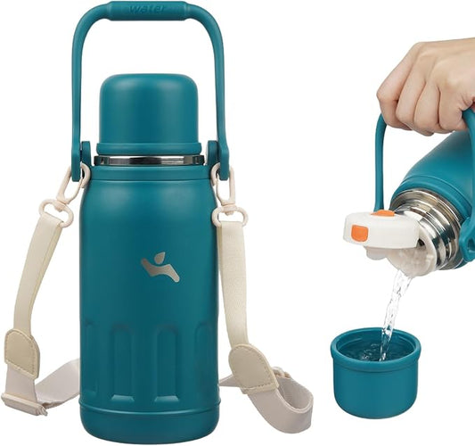 Konokyo Insulated Water Bottle with Handle and Strap,Vacuum Travel Tumbler with Cup Lid,Thermo Coffee Cup for Hot Cold Drinks 27 OZ,Lake Blue