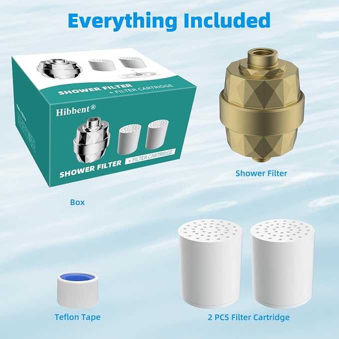 Hibbent Shower Filter for Hard Water, High Output Shower Head Filter to Remove Chlorine and Fluoride, 20 Stage Showerhead Filter, Shower Water Filter with 2 Replaceable Filter Cartridges, Brass Gold