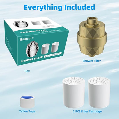 Hibbent Shower Filter for Hard Water, High Output Shower Head Filter to Remove Chlorine and Fluoride, 20 Stage Showerhead Filter, Shower Water Filter with 2 Replaceable Filter Cartridges, Brass Gold