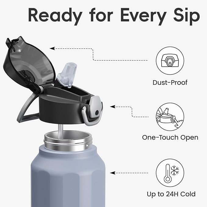 Konokyo FLOWPLAY 32oz Locking Push-Button Water Bottle with Silicone Spout,Leak-Proof,18/8 Stainless Steel Double-Wall Vacuum Insulated for Sports and Travel,BPA-Free,Light Purple
