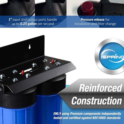 iSpring WGB21BM 2-Stage Whole House Water Filtration System, 10” x 4.5” Carbon Block and Iron & Manganese Reducing Filters, 1" Ports and iSpring WSP-50SL Reusable Whole House Spin Down Sediment Water Filter Softener, Includes Siliphos Helps Prevent Sca...