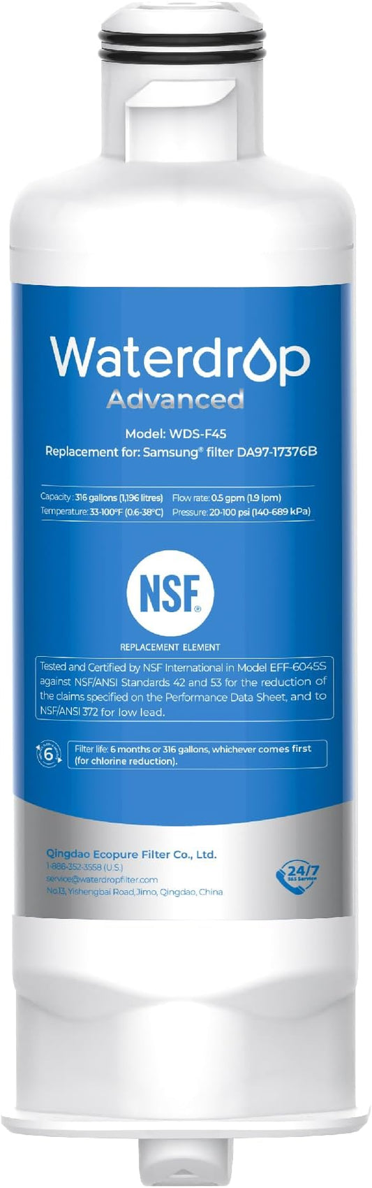 Waterdrop WDS-F45 Water Filter Replacement for Samsung® DA97-17376B | NSF 53&42 Certified, Replacement for Samsung® DA97-17376B, HAF-QIN/EXP, DA97-08006C, RF28R7351SG, RF23M8570SR