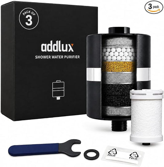 Lab Tested Titanium Shower Water Filter for Hard Water - No Plastic Core High Pressure Filtered Shower Head – Metal Home Water Filter for Healthier Skin & Hair (Black + Extra Cartridge Set)