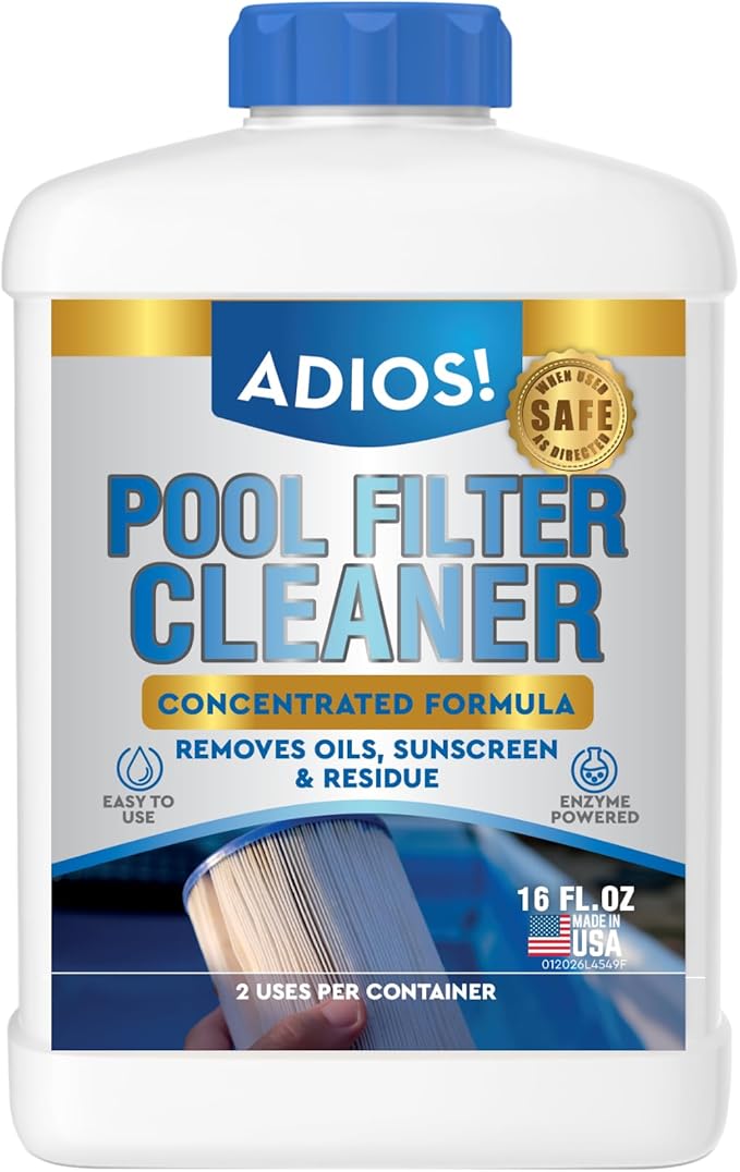 ADIOS! Pool Filter Cleaner, Deep Cleaning Soak Solution for Cartridge, Sand and DE Filters – Degreases and Restores Media -16oz (Pint)