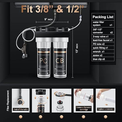 Wingsol Under Sink Alkaline Water Filter with Faucet, 2-Stage Water Filter System Reduces Heavy Metals, Chlorine, Sediment, Improves pH and Taste, Remineralization, NSF 42&53 Certified