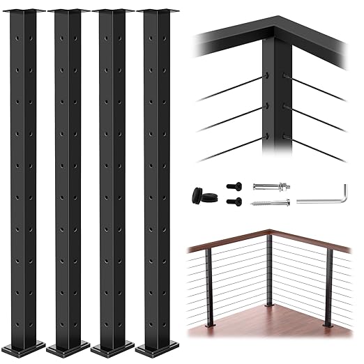4Pack 36" T304 L-drilled Cable Railing Corner Post(Post 35"x2"x2"), Modular Wire Railing Post with Cable Grommets, Fixed Top Mount Stainless Steel Black Finish Deck Staircase Post