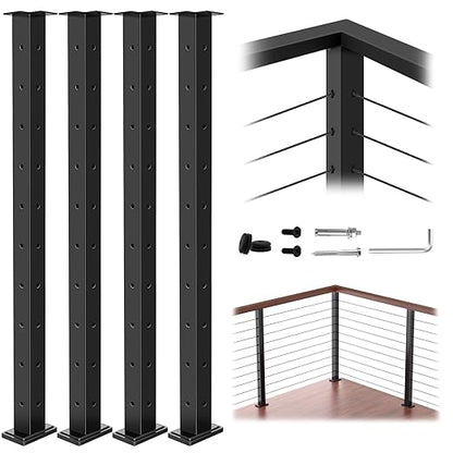 4Pack 36" T304 L-drilled Cable Railing Corner Post(Post 35"x2"x2"), Modular Wire Railing Post with Cable Grommets, Fixed Top Mount Stainless Steel Black Finish Deck Staircase Post