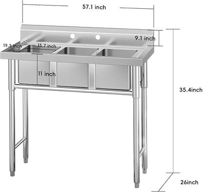 Garvee Stainless Steel 3 Compartment Commercial Sink, 11x19 Inch Basins with 2 Drainboards, NSF Certified Undermount Utility Sink for Restaurant Kitchen Bar