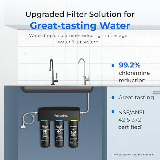 Waterdrop TSB-10-CM Under Sink Water Filter System, Reduce Chloramine | For CA, FL and Washington, D.C., Under Sink Water Filtration System, with Brushed Nickel Faucet, NSF/ANSI 42 Certified