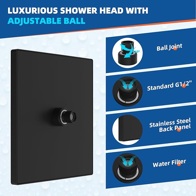Hibbent cUCPC Certified Metal Shower Head, 10'' High Pressure Rainfall Shower Head, Square Bathroom Waterfall Shower Heads, High Flow Fixed Showerheads with Adjustable Brass Ball Joint, Matte Black