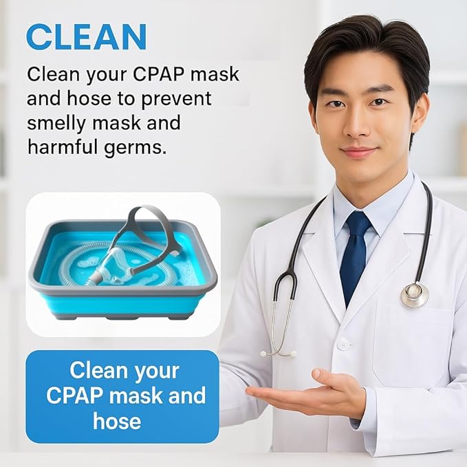 Hose and Mask for CPAP Cleaning Brush with Collapsible Wash Basin Bucket Tub - Essential Care Kit for CPAP Users, Suitable for 7 Feet Tubing and 22mm 19mm Diameter (Standard Set Basin & Brush)