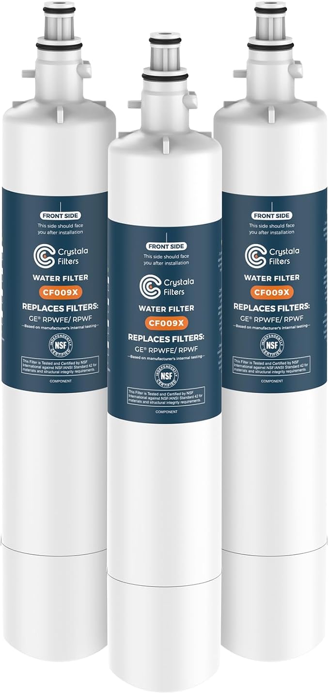 Crystala Filters Replacement for GE® RPWFE, RPWF (with CHIP) Refrigerator Water Filter, Compatible with WSG-4, WF277, GFE28GMKES, PFE28KBLTS, GYE22HMKES, DFE28JSKSS, GFE28GYNFS, GFD28GYNFS, 3 Pack | Compatible with GFE28GYNFS, GFE28GELDS, PFE28KELDS, P...