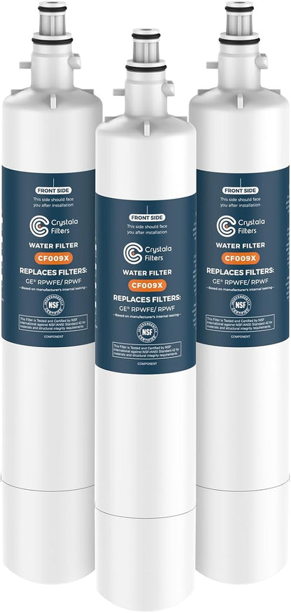 Crystala Filters Replacement for GE® RPWFE, RPWF (with CHIP) Refrigerator Water Filter, Compatible with WSG-4, WF277, GFE28GMKES, PFE28KBLTS, GYE22HMKES, DFE28JSKSS, GFE28GYNFS, GFD28GYNFS, 3 Pack | Compatible with GFE28GYNFS, GFE28GELDS, PFE28KELDS, P...