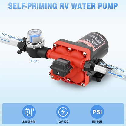 Nilight RV Water Pump, 12v Water Pump 3.0 GPM 55 PSI with Pressure Switch and Strainer Heavy Duty Diaphragm Pump 12 Volt DC Upgrade Self-Priming Low Noice for RV Camper Marine Yacht Caravan Trailer