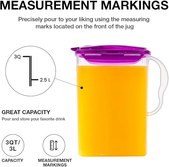 LocknLock Aqua Fridge Door Water Jug | Clear Pitcher | BPA Free Plastic Pitcher with Lid | 3 Quart Pitcher with Lid for Water, Juice, Tea & More Beverages, Purple