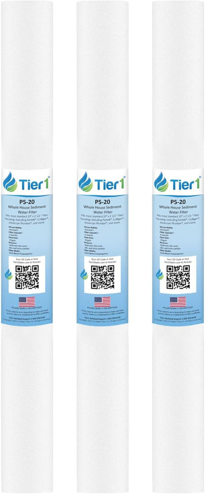 Tier1 5 Micron 20x2.5 Water Filter | Spun Wound Polypropylene Whole House Sediment Cartridge | Replacement for Pentek P5-20, 155016-43, SDF-25-2005 | 2.5 x 20 P5-20 Water Filter (3-Pack)