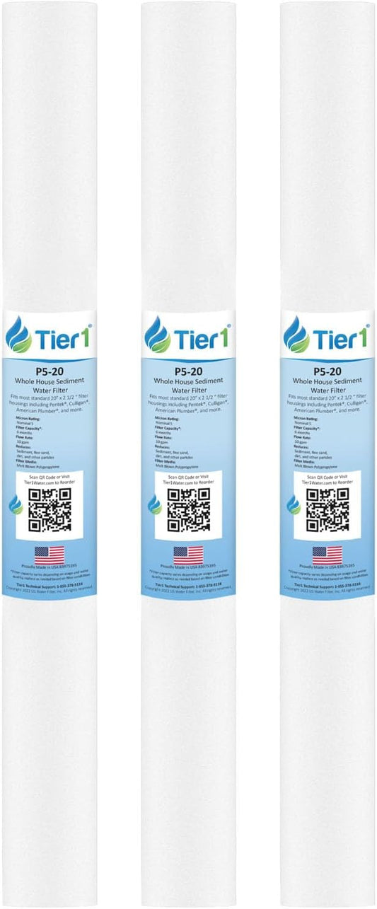 Tier1 5 Micron 20x2.5 Water Filter | Spun Wound Polypropylene Whole House Sediment Cartridge | Replacement for Pentek P5-20, 155016-43, SDF-25-2005 | 2.5 x 20 P5-20 Water Filter (3-Pack)